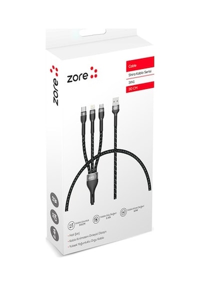 Zore Shira Serisi 3 In 1 Lightning,Micro,Type-C Usb Kablo 30Cm-Siyah