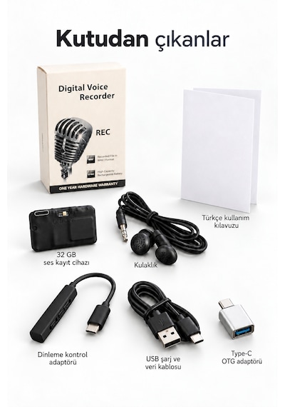 32 Gb Mini Ses Kayıt Cihazı 4 Güne Kadar Kesintisiz Kayıt, Sese Duyarlı, Kulaklık Ve Type-c Otg