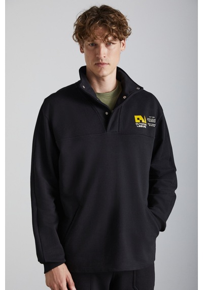 Grımelange Galıcıa Erkek Diagonel Kumaşlı Dik Yakalı Çıtçıt Kapamalı Baskılı Siyah Sweatshirt