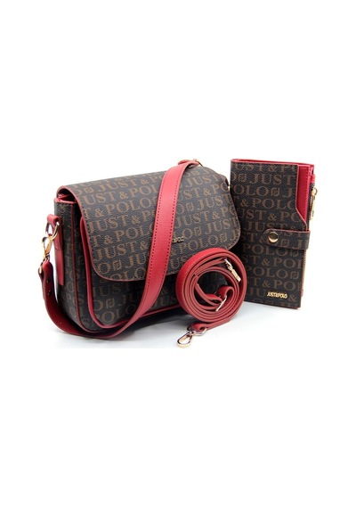 Just Polo Orta Boy 3 Bölmeli Iki Askılı Kadın Omuz Çantası Ve Cüzdan Kombini 21 X 16 Cm Mds20101-09 Kahverengi - Kırmızı