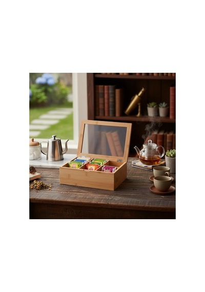 Deconox Bambu 6 Bölmeli Çay Kutusu  Bambu Mıknatıslı Kapak 21x16,5 X7cm 0