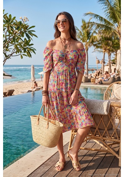 Lela Desenli Oversize Fit Carmen Yaka Büzgü Detaylı Midi Boy Bayan Elbise 67810557 Fuşya