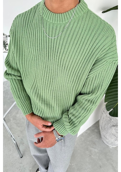 Yeşil Bisiklet Yaka Fitilli Oversize Triko Kazak Yeşil