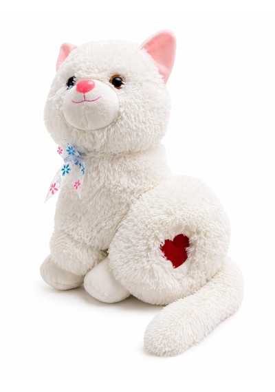Sevimli Peluş Kedi 35 Cm Yumuşak Oyuncak 40 Cm Kuyruk Dahil Uzunluk, Kalp Detaylı Beyaz