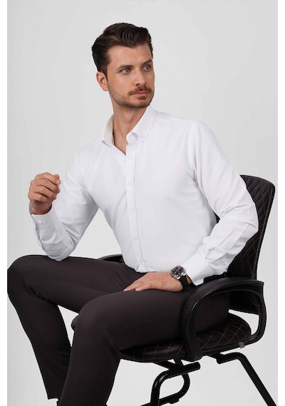 Beyaz Yaka Düğmeli Premium Şamre Slimfit Erkek Gömlek Beyaz