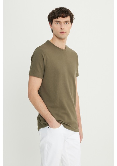 AC&Co / Altınyıldız Classics Erkek Hakı Pamuklu Slim Fit Dar Kesim Bisiklet Yaka Esnek Tişört Haki