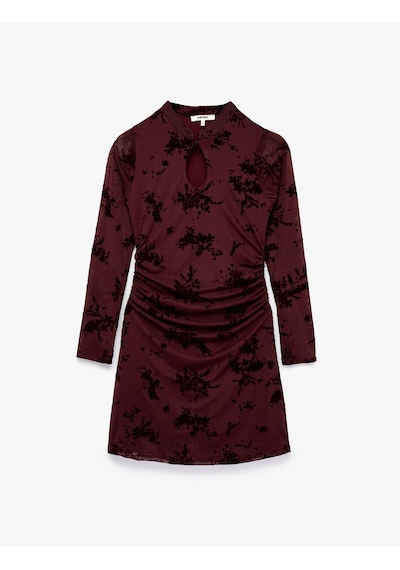 Koton Slim Fit Drapeli Uzun Kollu Dik Qipao Yaka Çiçekli Tül Mini Elbise Bordo 7wak80019pk