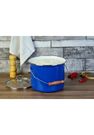 Tasarım Emaye Yoğurt Tenceresi Emaye Bakraç 20cm 5,25 Lt Mavi Renkli
