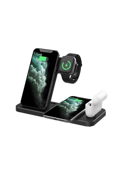 4 In1 Wireless Charger Kablosuz Şarj Istasyonu Standı 15 Watt Android Ve Ios Uyumlu Siyah