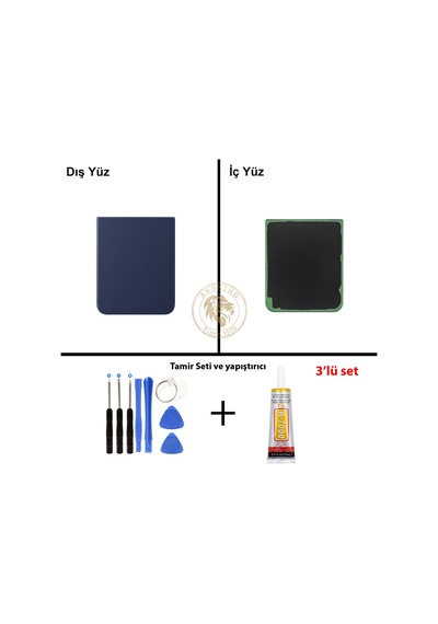 Samsung Galaxy Z Flip 4 Lacivert Renk Arka Kapak + Tamir Seti + B7000 Yapıştırıcı Arka Cam Batarya Kapağı Pil Kapağı Lazer Kesim Back Cover Galaxy Z Flip 4 Uyumlu