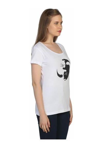 Bant Giyim - Yin Yang Kedi Beyaz Kadın T-Shirt Tişört