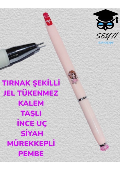 Tırnak Şekilli Jel Tükenmez Kalem Taşlı İnc Uç Siyah Mürekkepli Pembe
