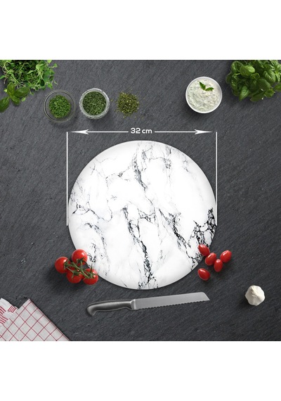 Decorita Beyaz Mermer Görünümlü Cam Kesme Tahtası Çap 32 CM