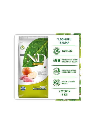 N&D Tahılsız Yaban Domuzlu ve Elmalı Yetişkin Kedi Maması 5 KG