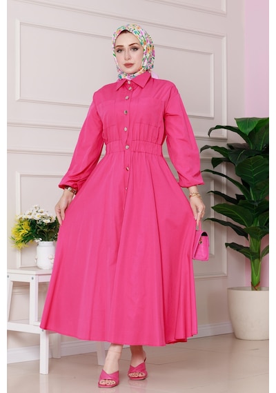 Sevitli Beli Lastik Detaylı Yasemin Elbise-pembe-4822 Pembe