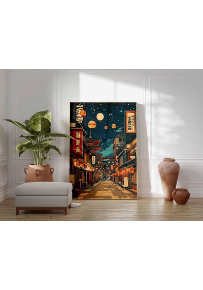 Japon Fener Sokağı Posteri, Vintage Japon Gece Pazarı Duvar Sanatı, Asya Şehir Manzarası Baskısı, Ay Işığında Pagoda Dekorasyonu, Tokyo Ev Sanatı