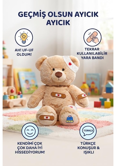 Türkçe Konuşan Etkileşimli Geçmiş Olsun Uf-uf Ayıcığı Hastayı İyileştirme Oyunu Peluş Ayı 40 Cm Çok Renkli