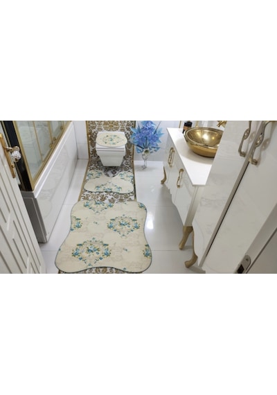 Rose Kelebek Banyo Halısı Klozet Takımı 3'Lü Set Krem