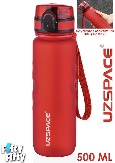 Uzspace 500 Ml Kaydırmaz Maksimum Tutuş Destekli Tritan Su Matarası -ffuz1215 Kırmızı