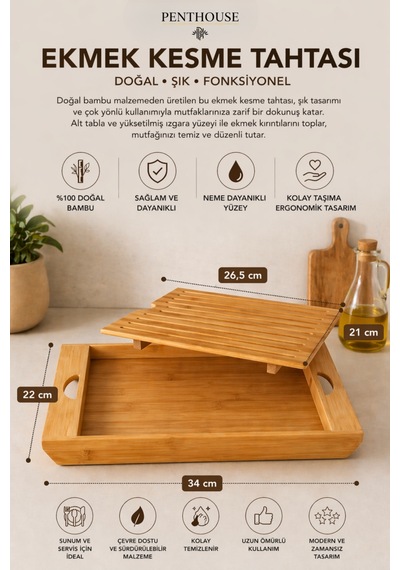 Bambu Ekmek Kesme Tahtası Kırıntı Toplayıcılı Tepsili Doğal Ahşap Kesim Ve Sunum Seti 34x22 Cm Açık Bej