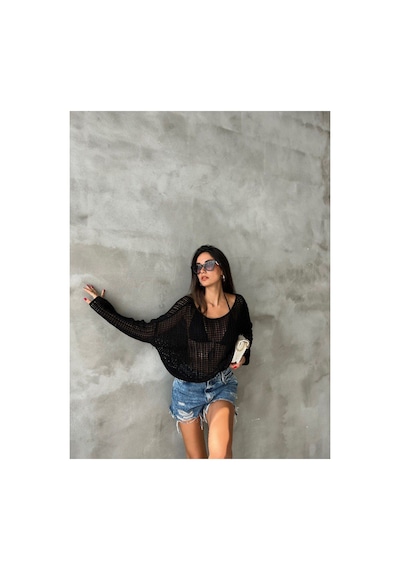 De Pose Ajurlu Sonbahar Triko Oversize Bluz Kazak Siyah