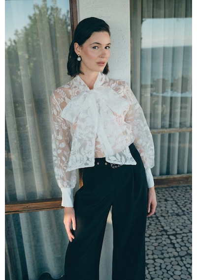 Sateen Fularlı Çiçek Desenli Gömlek - Ekru-136466 Ekru