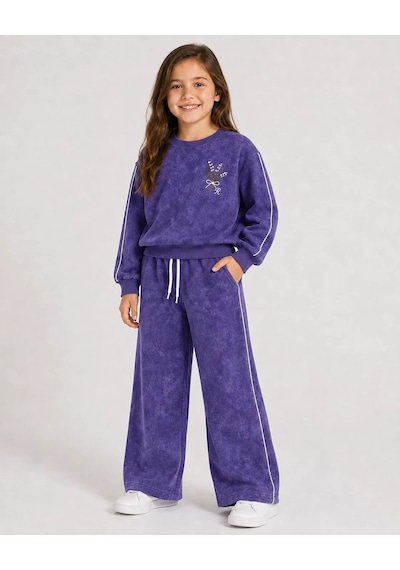 Rony Pony Kids Kız Çocuk Mor Yıkama Efektli Çiçek Nakışlı Omuz Biyeli Sweatshirt Ve Palazzo Eşofman Takımı