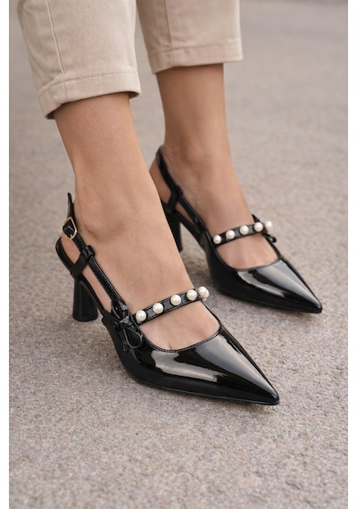 Modaonn Kadın Sivri Burun İnci Detaylı Slingback İnce Topuk Rugan Ayakkabı Siyah