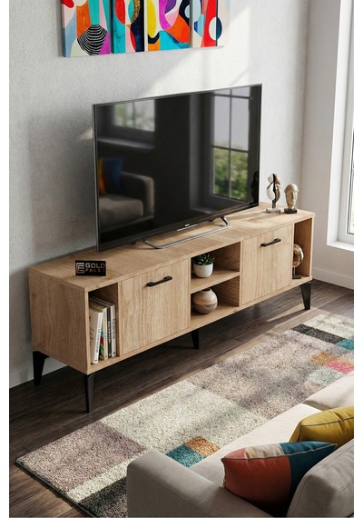 Tv Sehpası 160 Cm Modern Çok Amaçlı Dolaplı Raflı Televizyon Ünitesi Linya Sepet Rengi