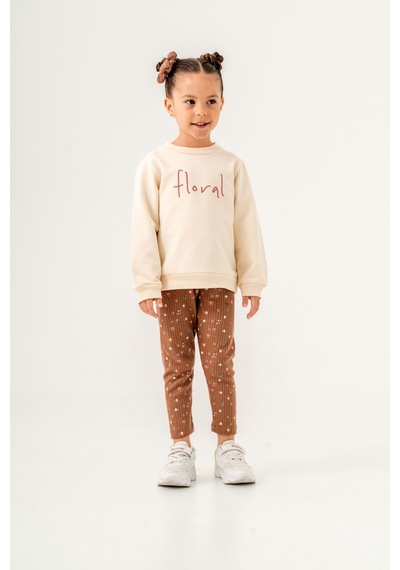 Harika Kids Kız Çocuk Floral Nakışlı İki İplik Kumaş Taytlı Takım Toka Dahildir. Ekru