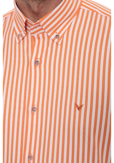 Slim Fit Uzun Kol Likralı Çizgili Yaka Düğmeli Hediye Kutulu Erkek Gömlek Fs-003669 - Turuncu-2433