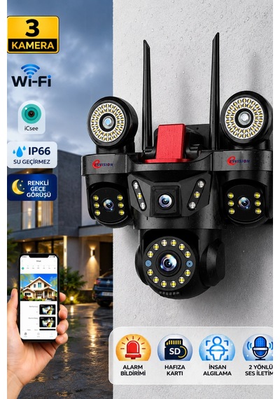Esvision Es-9003 3 Lensli 9mp Akıllı Wifi Ptz Kamera Gece Görüşlü Güvenlik Kamerası