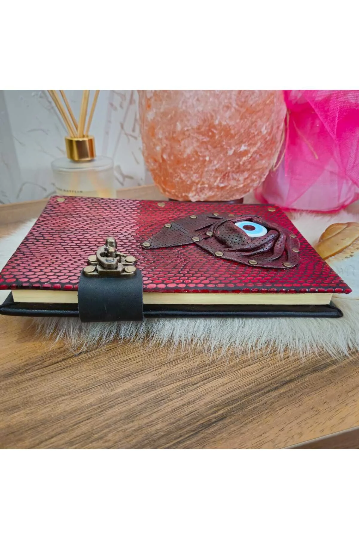 Hakiki Deri Italyan Baskili Özel Desen Nazar Boncuğu El Yapımı Defter Bordo