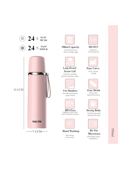 Çift Duvarlı Vakumlu Termos 500ml / Pembe