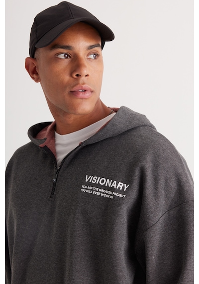 AC&Co / Altınyıldız Classics Erkek Antrasıt Melanj Oversize Bol Kesim Kapüşonlu Baskılı Sweatshirt Antrasit AC&Co / Altınyıldız Classics Erkek Antrasıt Melanj Oversize Bol Kesim Kapüşonlu Baskılı Sweatshirt Antrasit