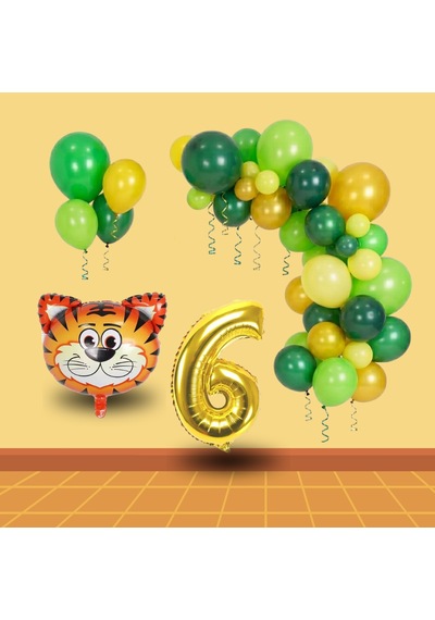 6 Yaş Safari Temalı Folyo Kaplan Yeşil Sarı Gold Balonlar Gold Rakam Doğum Günü Süsü Sarı - Yeşil