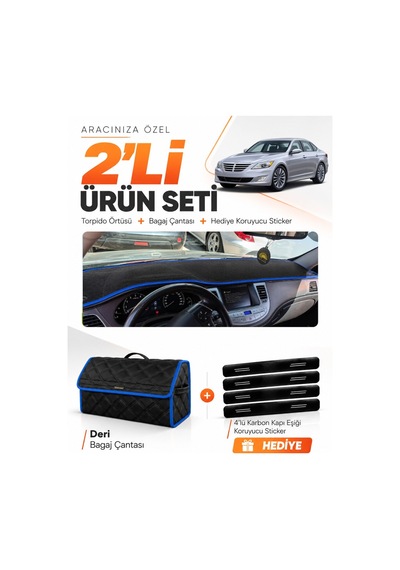 Hyundai Genesis 2008-2014 Uyumlu Torpido Örtüsü + Deri Bagaj Çantası + Sticker Seti - Siyah Mavi