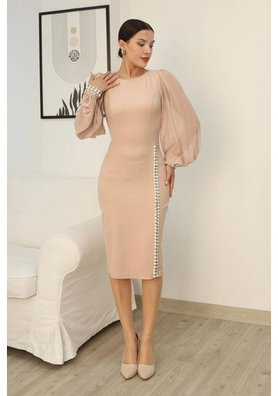 Lodmela İnci Ve Taş Süslemeli Balon Kol Abiye Elbise 2244-camel Camel