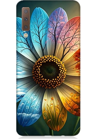Samsung Galaxy A7 2018 Uyumlu Yaprakta Gökkuşağı Çiçek Desenli Silikon Kılıf Çok Renkli