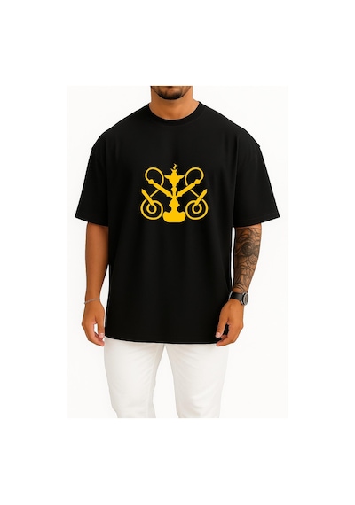 Bahriyeli Collection Oversize Shisha Station Heilbronn Hookah Sticker Göğüs Tasarımlı Unisex T-shirt SIYAH