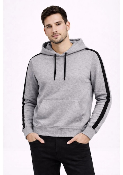 Barlashive Erkek Şeritli Kapüşonlu Sweatshirt Oversize 3 İplik Pamuklu Hoodie - Gri Çok Renkli