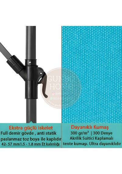 Gunbo Home 3 Mt 8 Kaburga Full Demir 21 Kg Turkuaz Bahçe Şemsiyes
