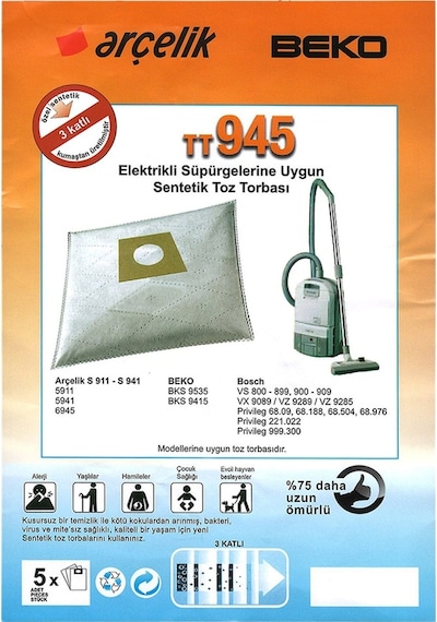 Arçelik Uyumlu S 6945 Süpürge Sentetik Kumaş Toz Torbası 20 Adet (468264734)