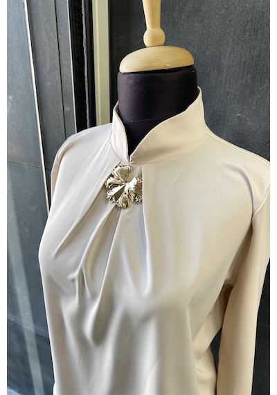 Pera Moda Gold Broş Detaylı Şık Bluz Gömlek Taş