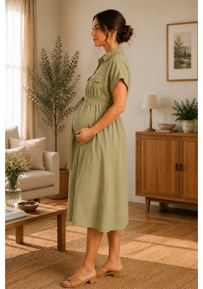 Luvmabelly Myra5863 Doğal Müslin Yazlık Gömlek Hamile Elbise - Açık Yeşil