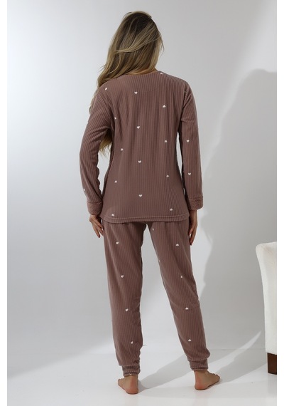 Wordex Fawn 5015 Peluş Welsoft Polar Kışlık Ayıcıklı Yumoş Kadın Pijama Takımı Vizon