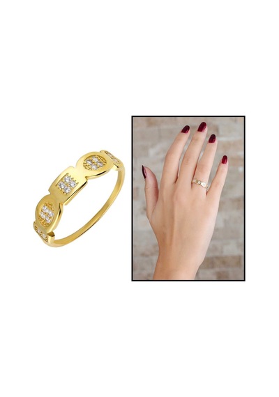 Zirkon Taşlı Geometrik Tasarım Gold Renk 925 Ayar Gümüş Bayan Yüz (429500770)