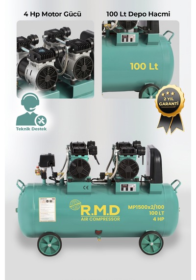 R.m.d Kompresör 100 Lt Yüksek Emişli Yağsız Teknoloji Hava Kompresörü -mp1500x2ı100