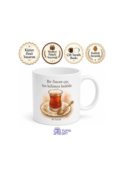 Çay Tabağı Ve Kaşık Temalı Baskılı Kupa Bardak Özel Tasarım Hediye Beyaz / Çok Renkli