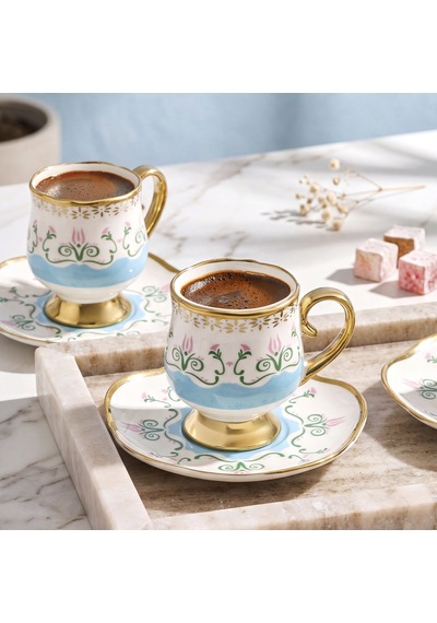 Aryıldız Eros 12 Parça 6 Kişilik Kahve Fincan Takımı Açık Mavi 90 Ml Çok Renkli